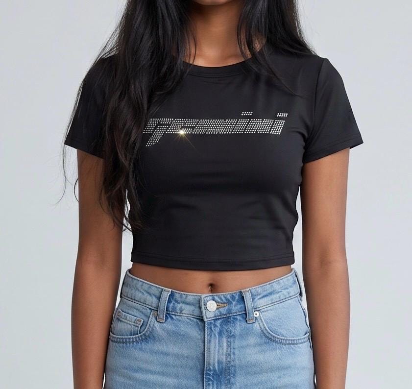 Gemini Zodiac Astrology  Rhinestone Crop Top - Y2K Font