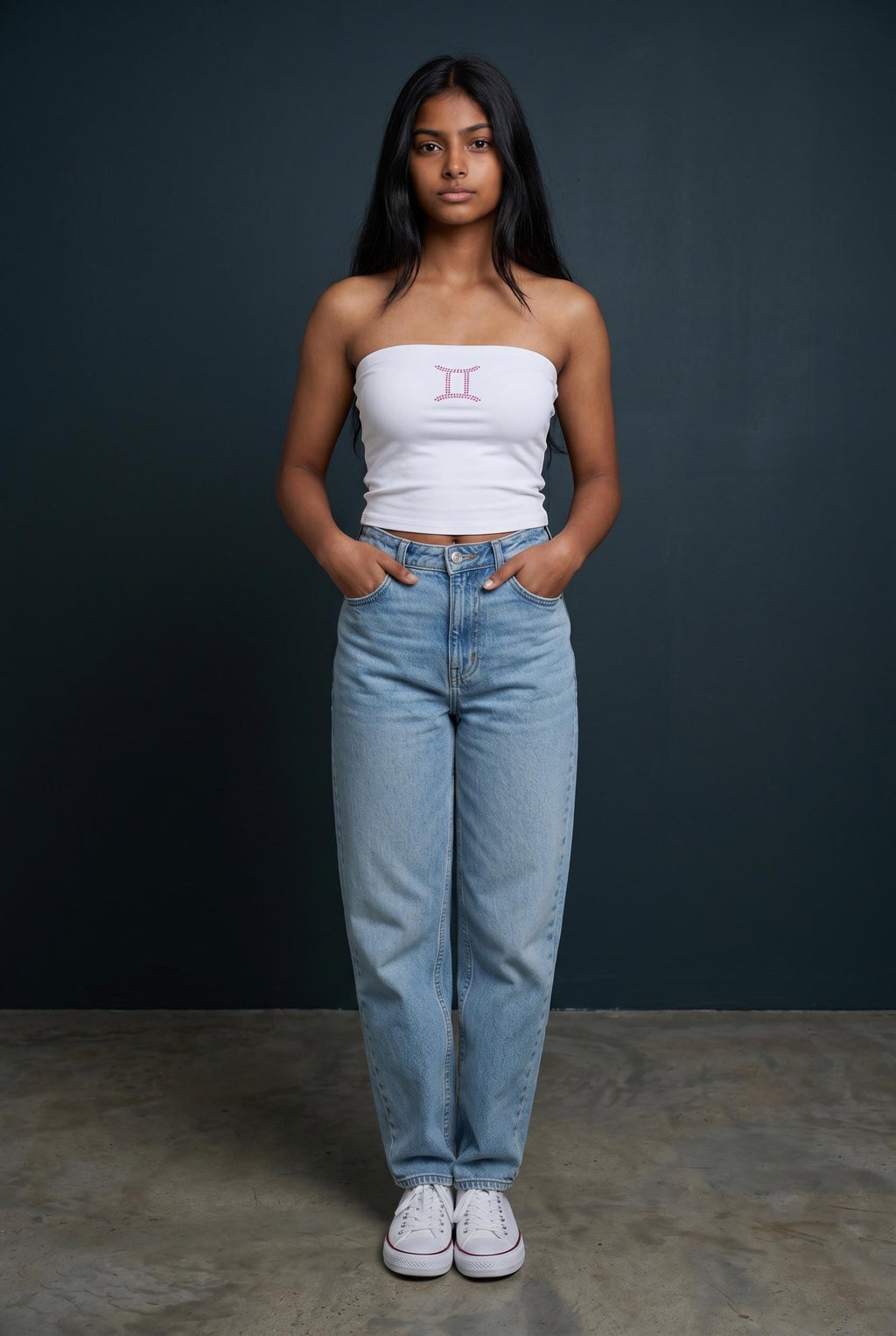 Gemini Zodiac Astrology Symbol Rhinestone Tube Top White/Pink