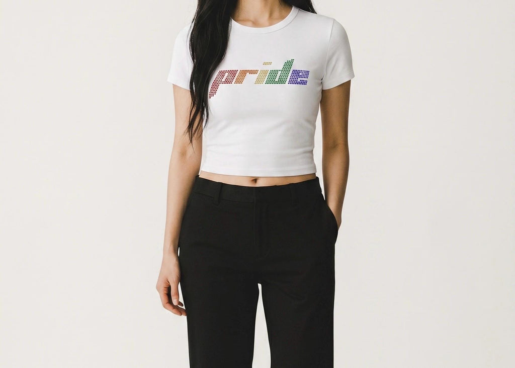 Rainbow Rhinestone Crop Top Customizable | LGBTQ+ Pride Shirt | Y2K Inspired Festival Top | Pride Month Outfit