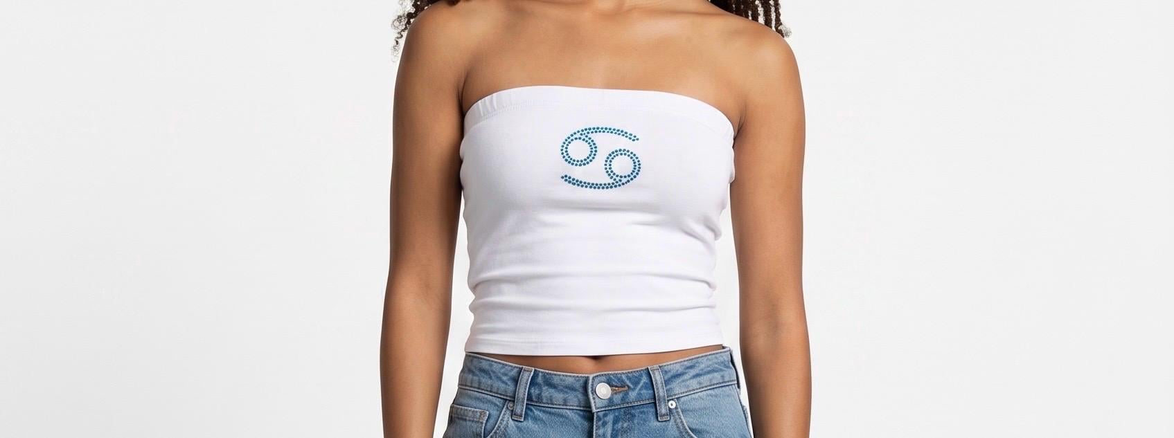Cancer Zodiac Astrology Symbol Rhinestone White Tube Top - Rhinestone Color Customization