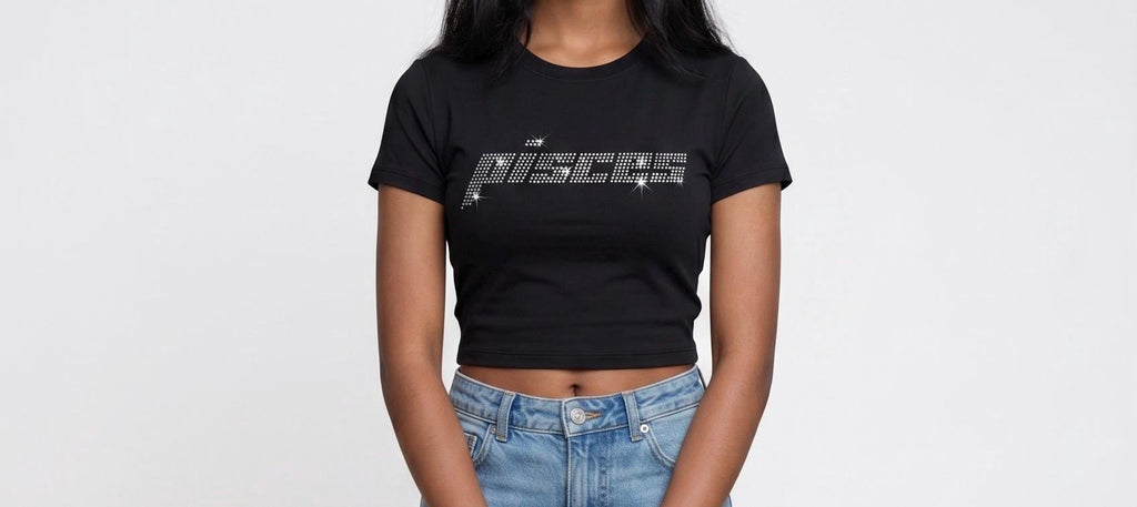 Pisces Rhinestone Crop Top | Y2K Zodiac Astrology Shirt | Black Fitted Tee