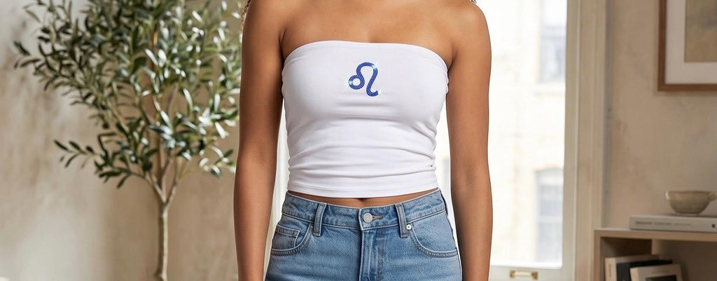Leo Zodiac Astrology Symbol Rhinestone White Tube Top - Rhinestone Color Customization