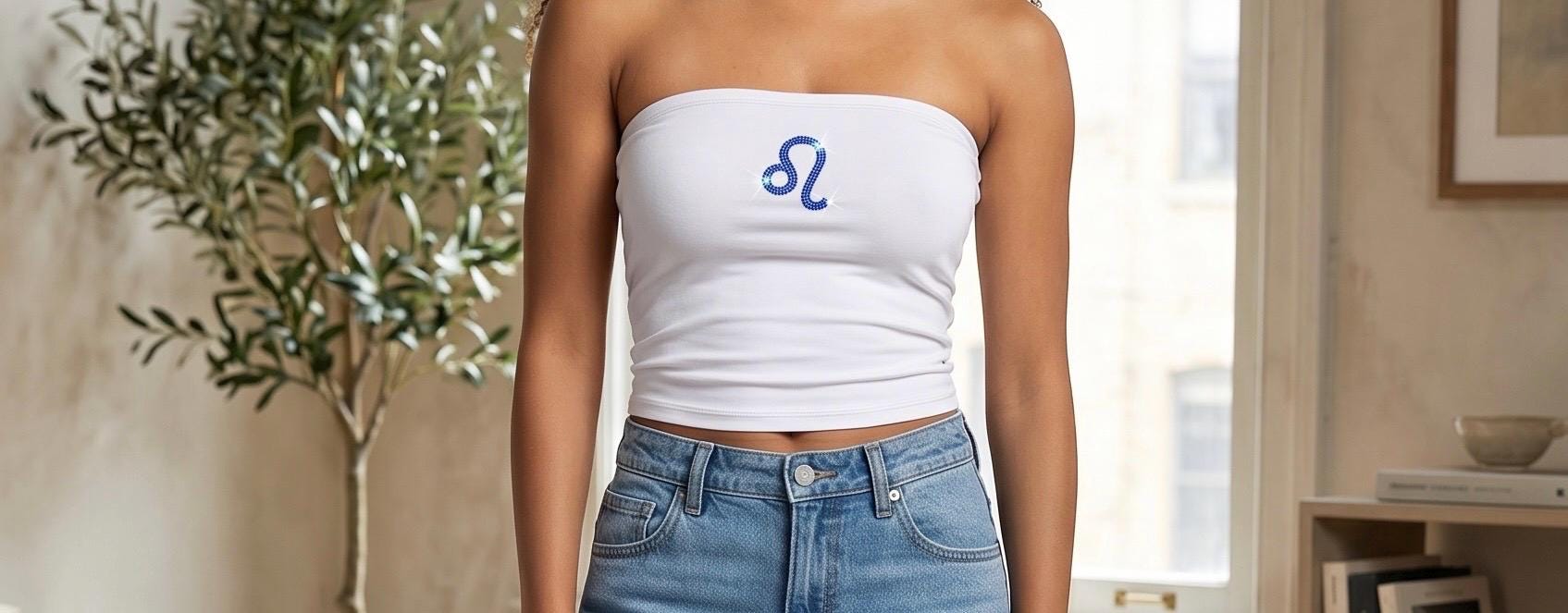 Leo Zodiac Astrology Symbol Rhinestone White Tube Top - Rhinestone Color Customization