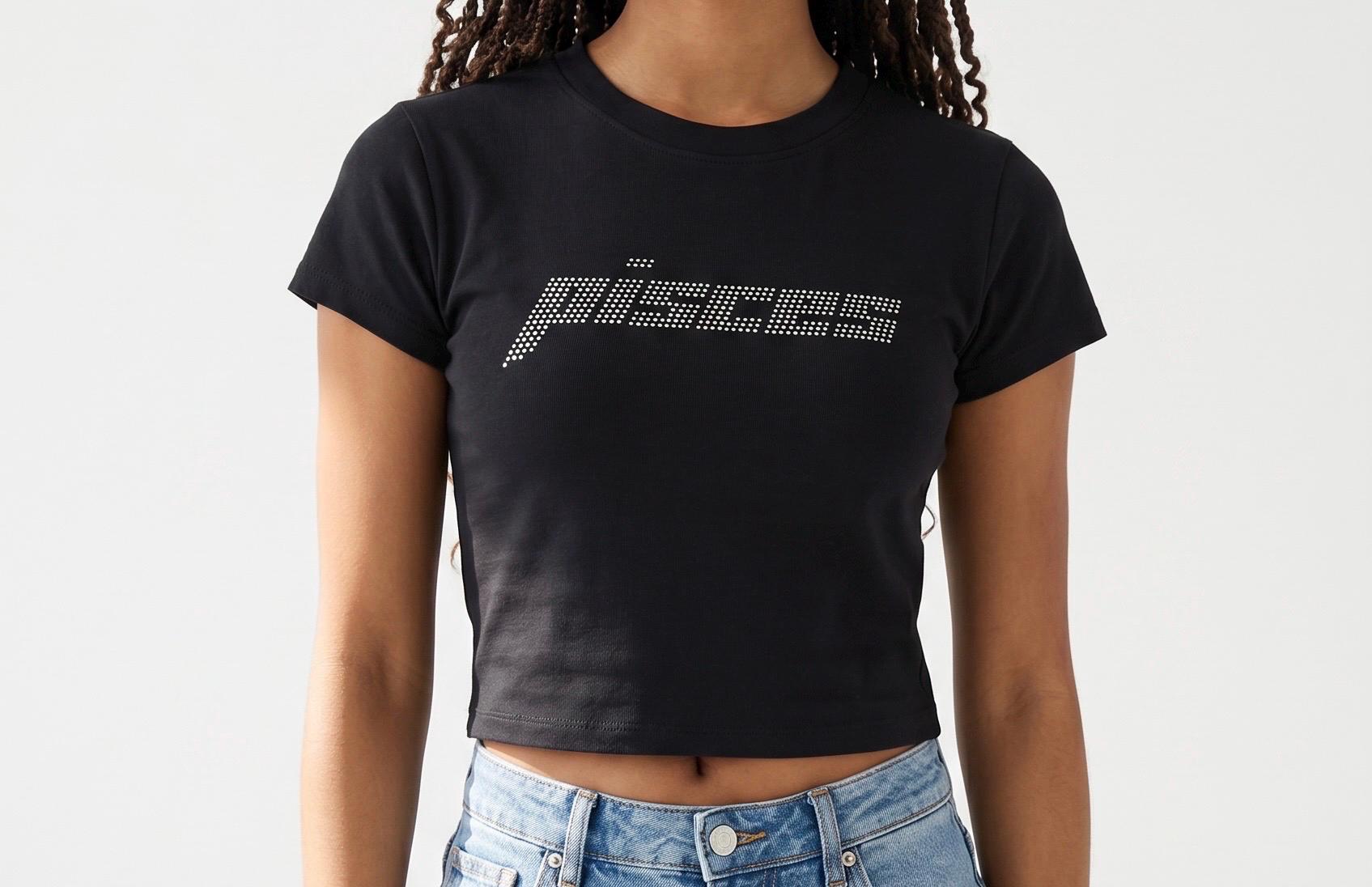 Pisces Rhinestone Crop Top | Y2K Zodiac Astrology Shirt | Black Fitted Tee