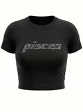 Pisces Rhinestone Crop Top | Y2K Zodiac Astrology Shirt | Black Fitted Tee