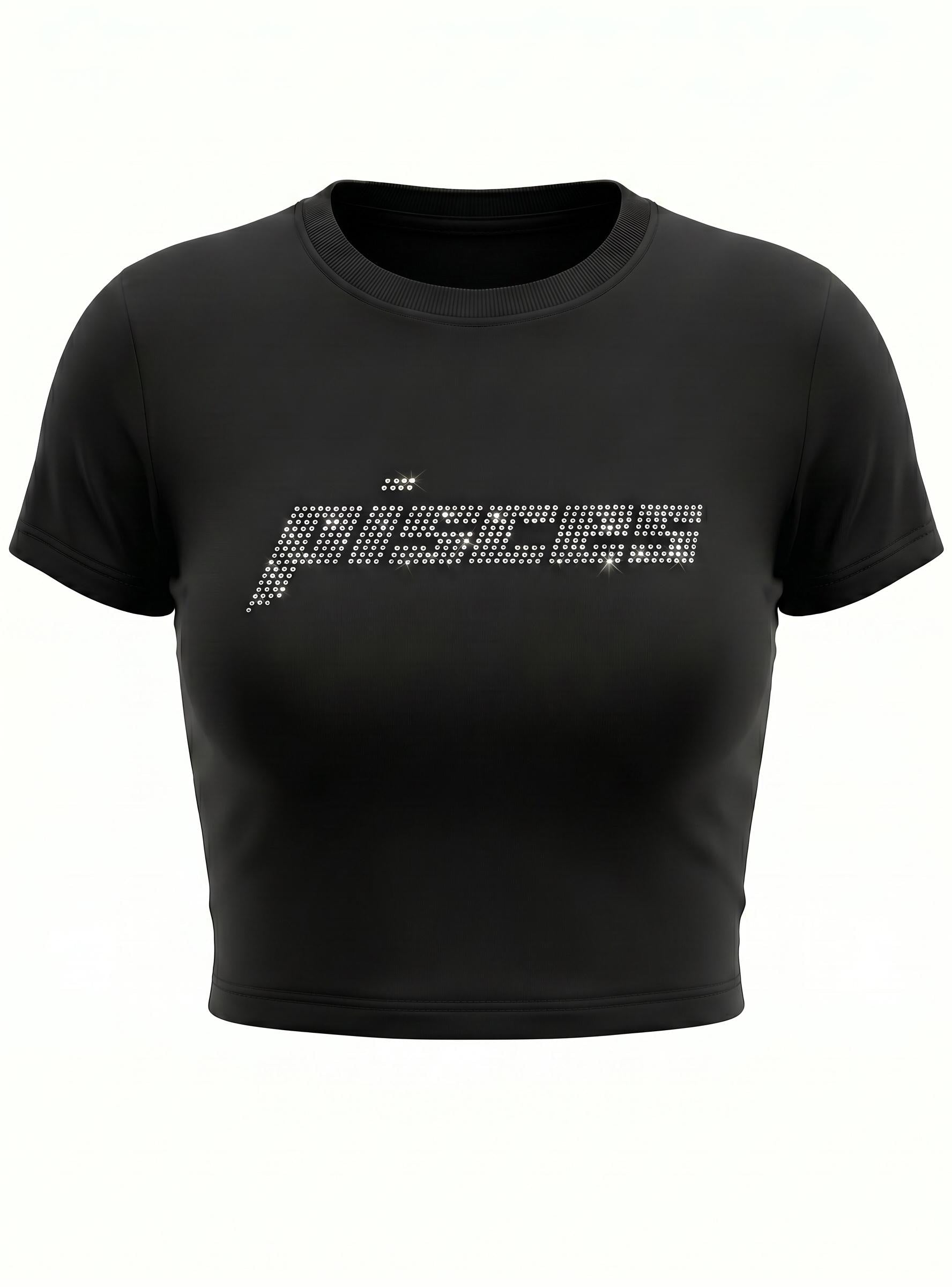 Pisces Rhinestone Crop Top | Y2K Zodiac Astrology Shirt | Black Fitted Tee