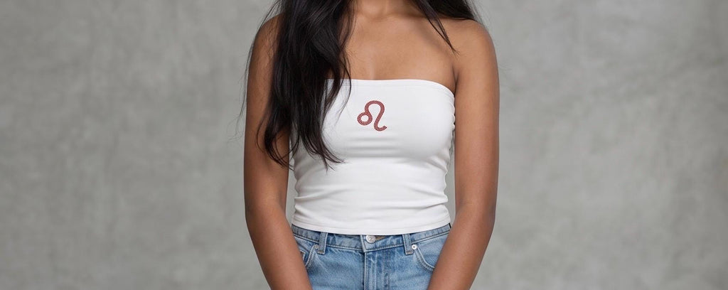 Leo Zodiac Astrology Symbol Rhinestone White Tube Top - Rhinestone Color Customization