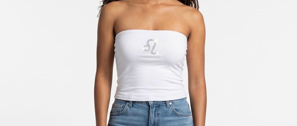Leo Zodiac Astrology Symbol Rhinestone White Tube Top - Rhinestone Color Customization