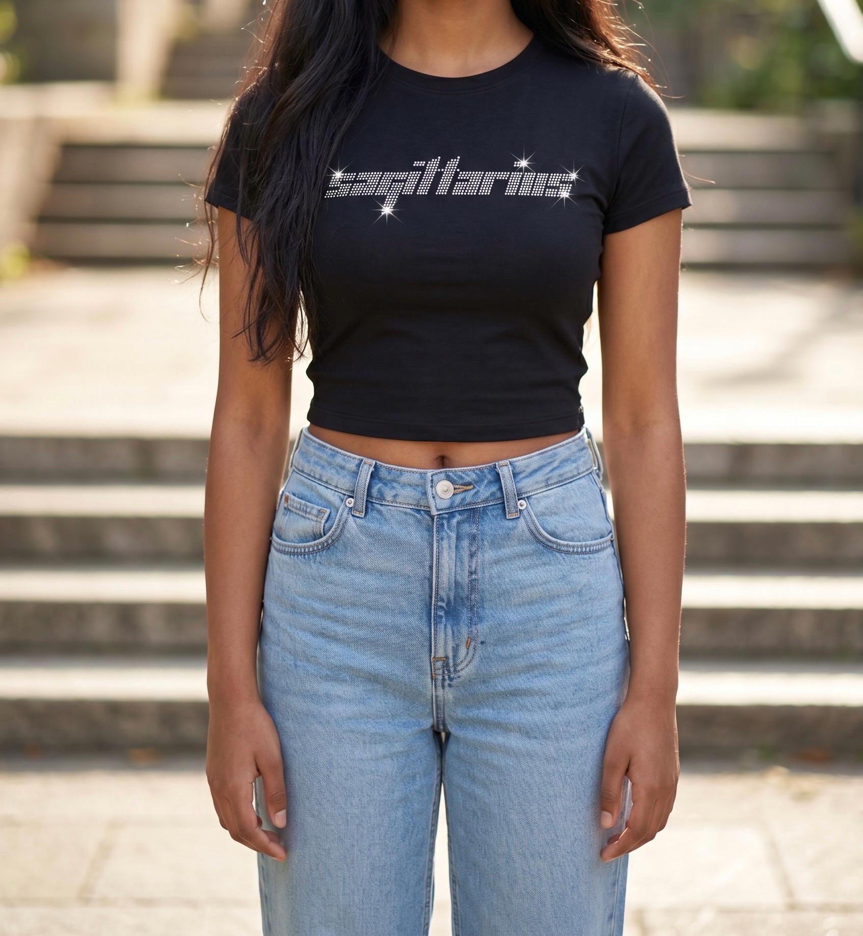 Sagittarius  Zodiac Astrology  Rhinestone Crop Top - Y2K Font